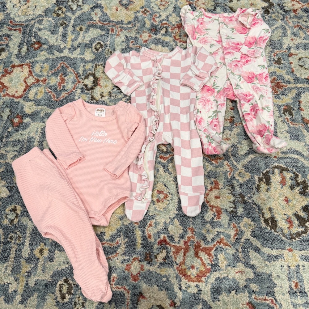 SIIX Cotton On Baby Organic Cotton Bundle Girls 0-3M Pink Floral Check EUC